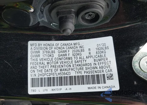 2020 Honda Civic Lx from USA, damaged, VIN 2HGFC2F67LH536423